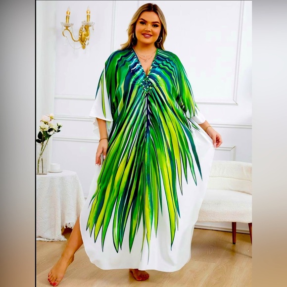 Tropical Palm Fronds Kaftan Maxi Dress Silky OS NEW - Picture 1 of 4